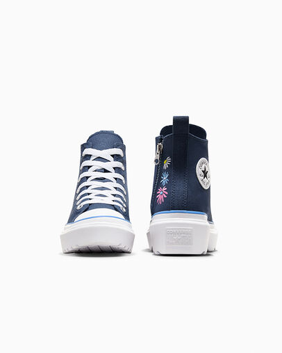 Chuck Taylor All Star Lugged Lift Platform Easy-On Floral Embroidery Navy/Lt Blue /White, Heel View