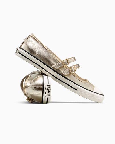 Chuck Taylor All Star Dainty Mary Jane Metallic Canvas Lt Gold/Egret/Black, Detail Angle View
