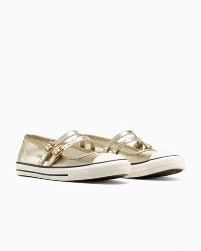 Chuck Taylor All Star Dainty Mary Jane Metallic Canvas Lt Gold/Egret/Black, Top and Side View