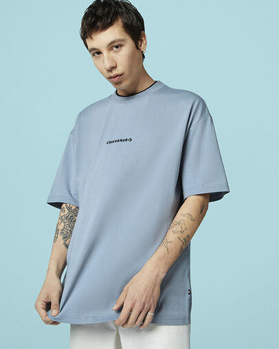 Wordmark Ribbed Neck Tee Blue Slate, Front View