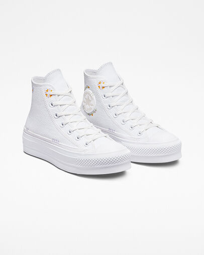 Chuck Taylor All Star Lift Platform Autumn Embroidery White/Moonstone Violet/Mouse, Angled View