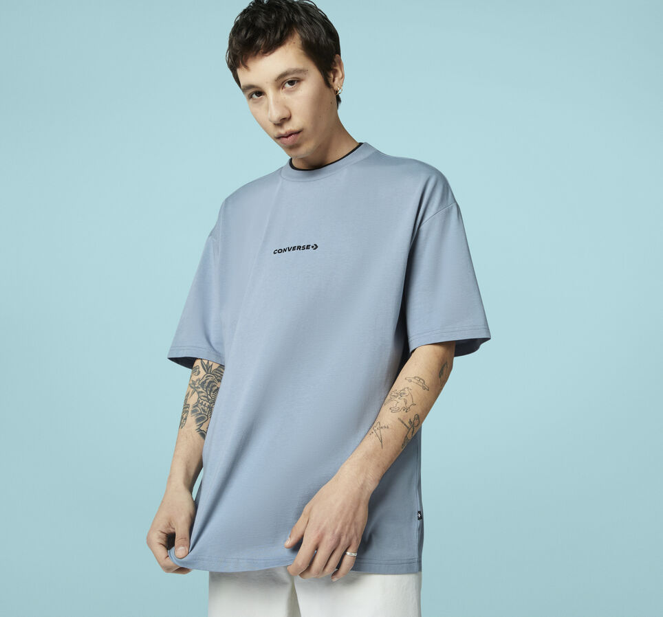 Wordmark Ribbed Neck Tee Blue Slate