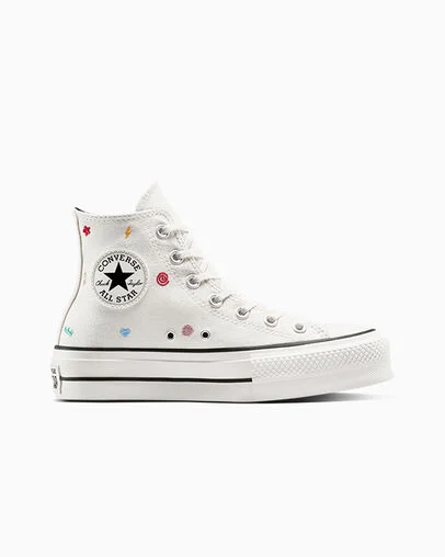 Chuck Taylor All Star Lift Platform Embroidered Doodles Vintage White/Vintage White, Outer Side View