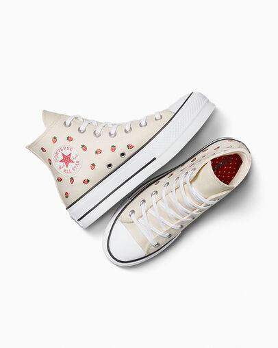 Chuck Taylor All Star Lift Platform Embroidered Strawberries Egret/Soft Red/White, Angled View
