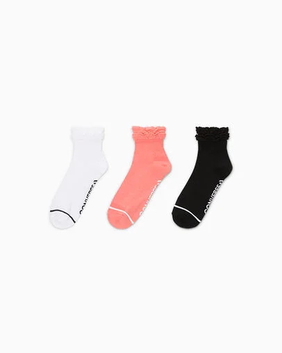 3-Pack Ruffled Quarter Socks Wht/Pink/Blk, Front View