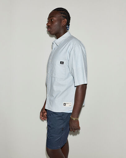 Script Chevron Short-Sleeve Oxford Shirt Crispy Cobalt Multi, Back View
