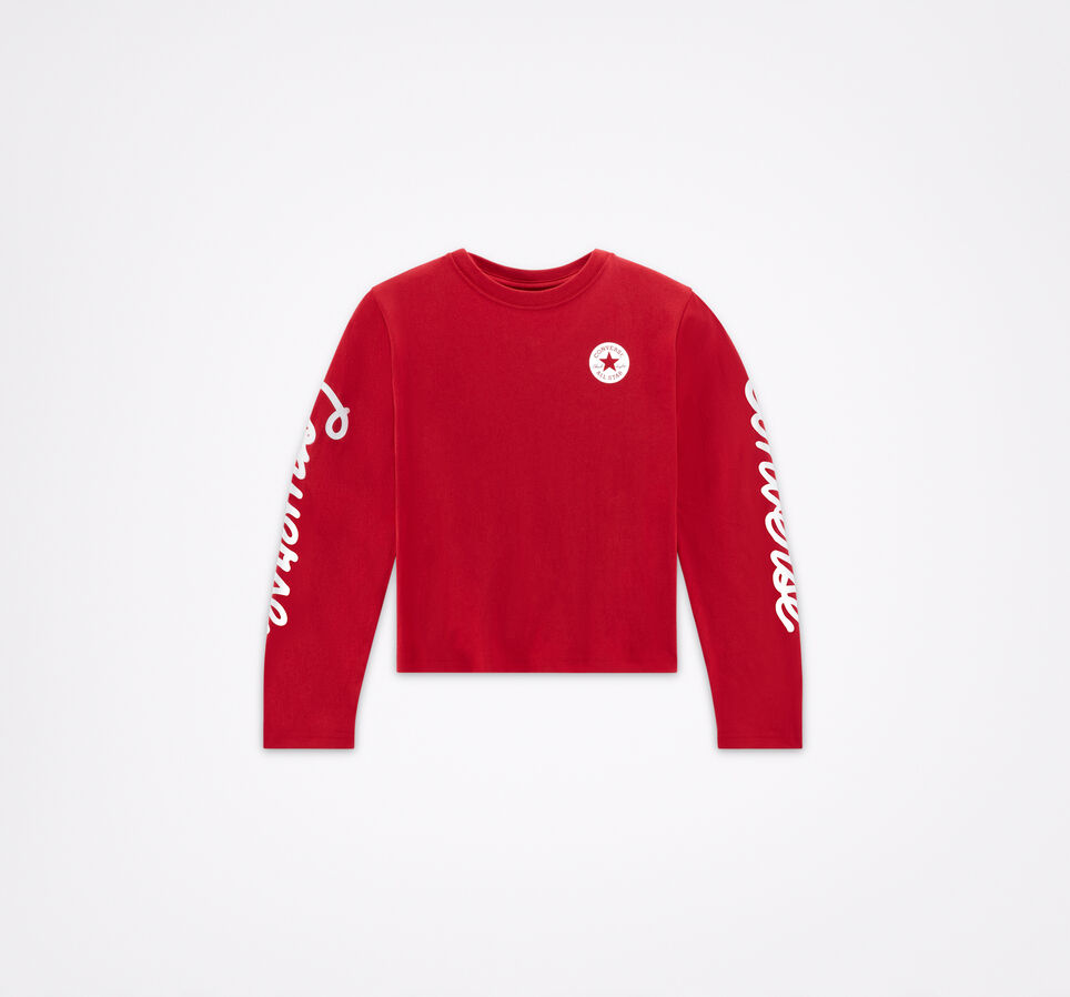 Script Boxy Crew Neck Long Sleeve Enamel Red