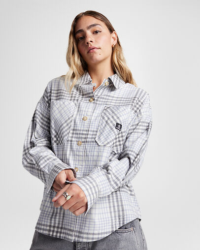 Flannel Button-Down Oversized Shirt Converse Egret, Front View