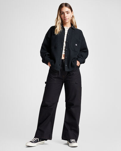 Waffle Knit Button-Down Oversized Shirt Converse Black, Full Body View