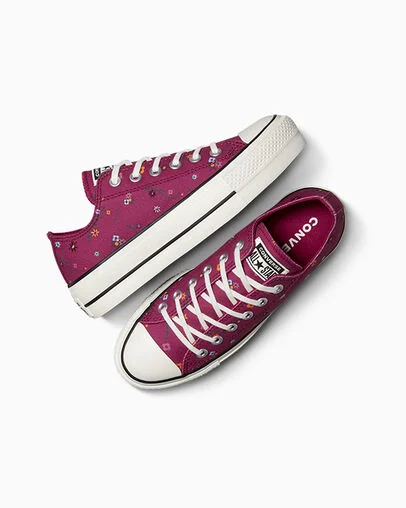 Chuck Taylor All Star Lift Platform Embroidered Floral Patchwork Sporty Berry/Vintage White, Angled View