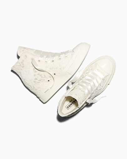 Chuck 70 Wedge Platform Crocheted Satin Egret/Egret/Black, Angled View