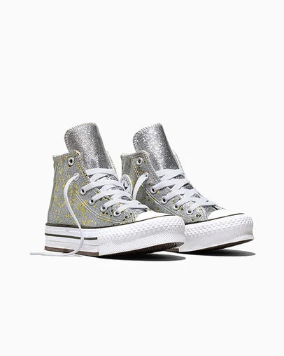Chuck Taylor All Star EVA Lift Platform Sequins Silver/Gold/White, Top and Side View