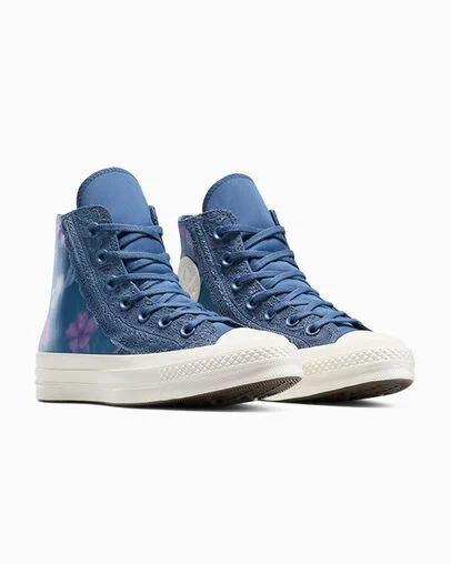 Chuck 70 Floral Satin Slacker Blue/Egret/Obsidian, Top and Side View