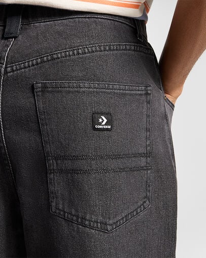 Open Hem Baggy Denim Pants Washed Black