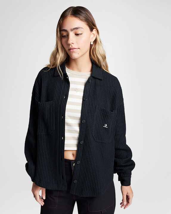 Waffle Knit Button-Down Oversized Shirt Women's Long Sleeve T