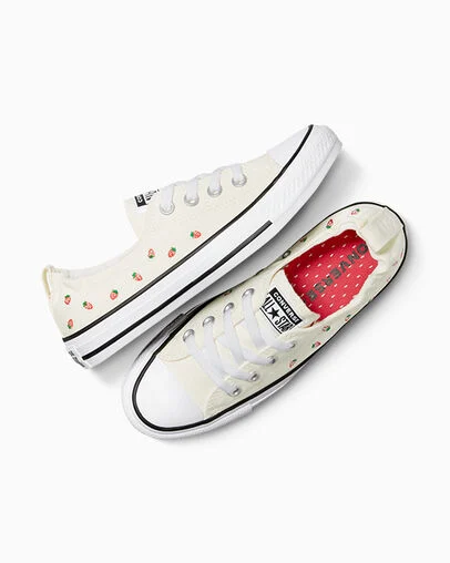 Chuck Taylor All Star Shoreline Embroidered Strawberries Slip On Egret/Soft Red/Green, Angled View