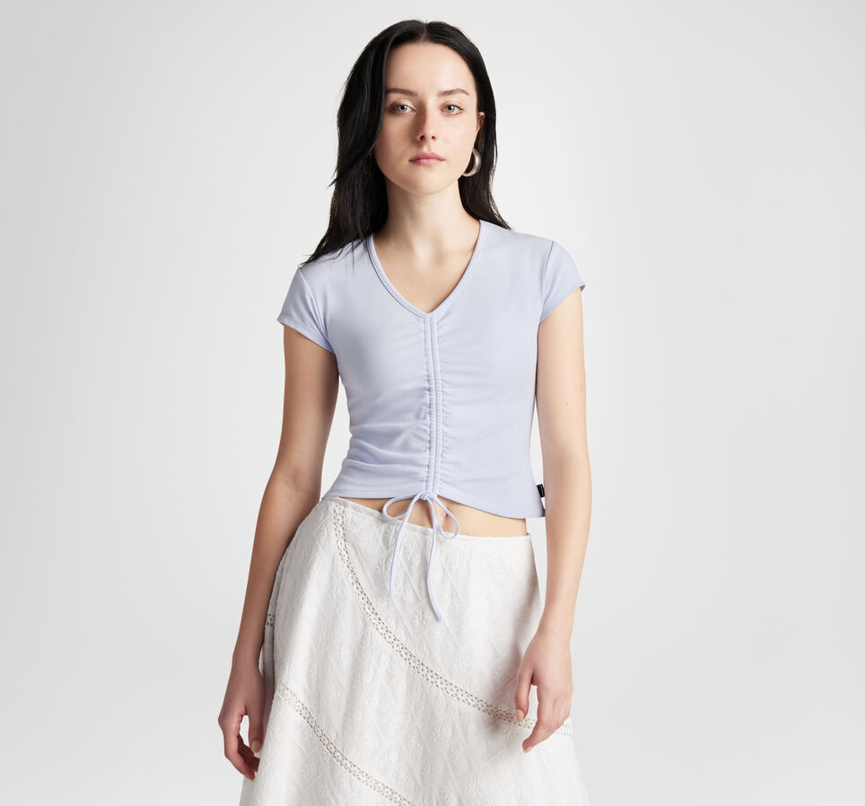 Drawstring Ruched Short Sleeve Top Blueberry Ice