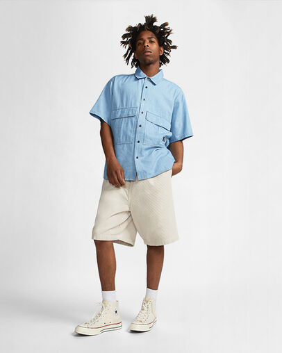 Twill Denim Chambray Short Sleeve Shirt Light Retro Blue, Back View