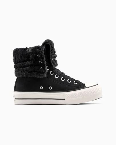 Chuck Taylor All Star Fold-Over Lift Platform XHi Faux Fur Black/Black/Egret, Outer Side View
