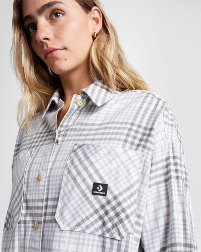 Flannel Button-Down Oversized Shirt Converse Egret, Detail View