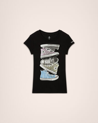 Shiny Sneaker Stack Short Sleeve Black, Front View