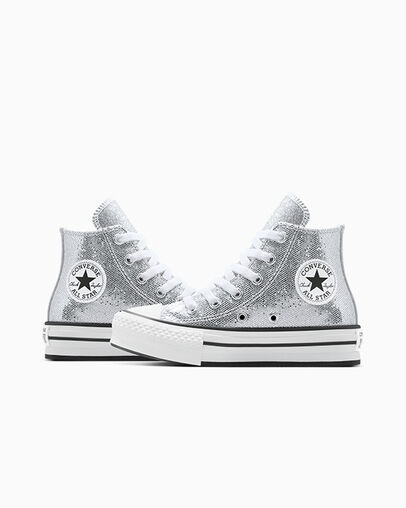 Chuck Taylor All Star Lift Platform Disco Glitter Silver/White/Barely Grey, Detail Angle View