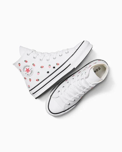 Chuck Taylor All Star EVA Lift Platform Embroidered Strawberries White/Soft Red/Watermelon Pink, Angled View
