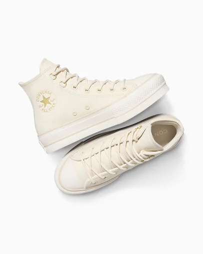 Chuck Taylor All Star Lift Platform Glam Leather Light Dune/Light Dune/Egret, Angled View