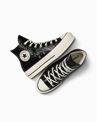 Chuck Taylor All Star Lift Platform Crinkled Leather Black/Egret/Black, Angled View