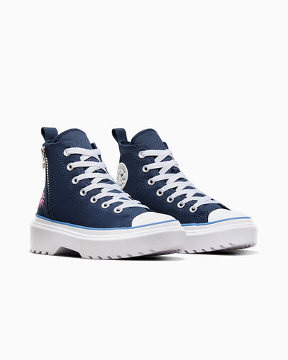 Chuck Taylor All Star Lugged Lift Platform Easy-On Floral Embroidery Navy/Lt Blue /White, Top and Side View