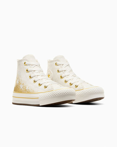 Chuck Taylor All Star EVA Lift Platform Gold Stars Vintage White/Gold, Top and Side View