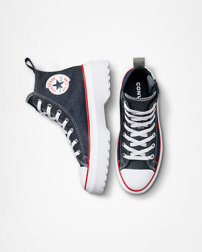 Chuck Taylor All Star Lugged Lift Platform Retro Denim Obsidian/White/Red, Top and Side View