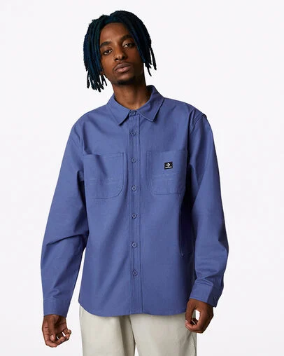 Carpenter Pocket Button Down Shirt Washed Indigo, Front View