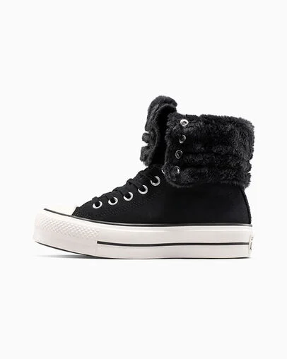 Chuck Taylor All Star Fold-Over Lift Platform XHi Faux Fur Black/Black/Egret, Inner Side View