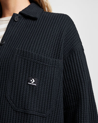 Waffle Knit Button-Down Oversized Shirt Converse Black, Detail View
