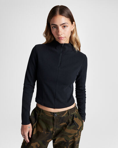 Half-Zip Mock Neck Long Sleeve Top Converse Black, Front View