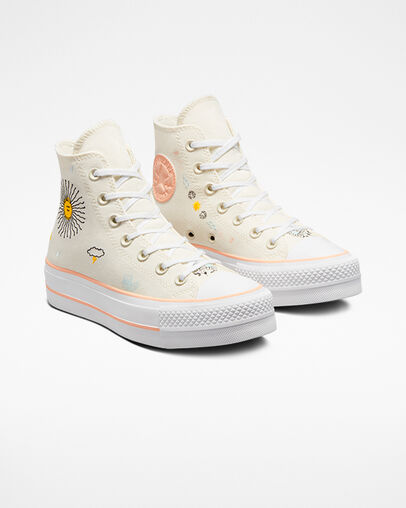 Chuck Taylor All Star Lift Platform Summer Florals Egret/Cheeky Coral/White, Angled View