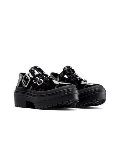Chuck Taylor All Star Lugged Heel Mary Jane Platform Patent Leather Black/Black/Egret, Top and Side View
