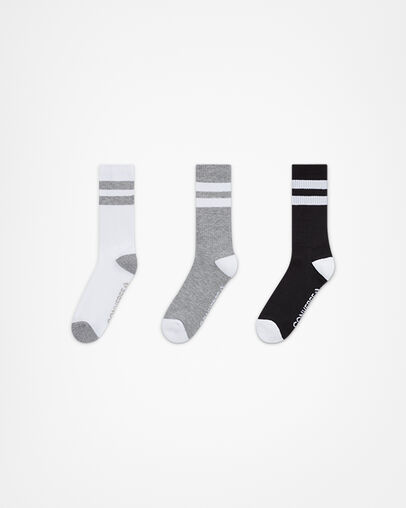 3-Pack Classic Double Stripe Crew Socks White/Grey/Black, Front View