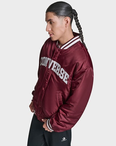 Embroidered Varsity Bomber Jacket Deep Bordeaux, Back View