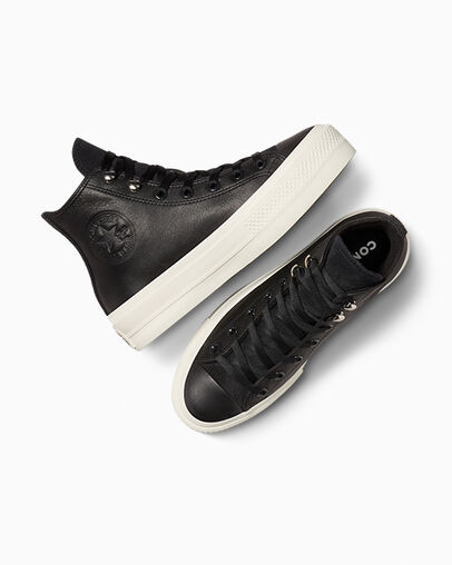 Chuck Taylor All Star Lift Platform Water Repellent Leather Black/Black/Egret, Angled View