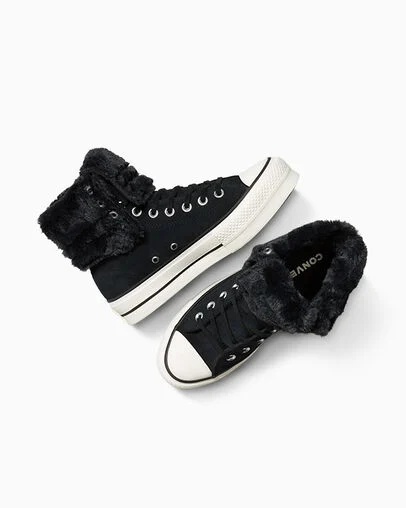 Chuck Taylor All Star Fold-Over Lift Platform XHi Faux Fur Black/Black/Egret, Angled View