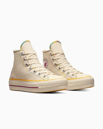 Chuck Taylor All Star Lift Platform Dia de Muertos Natural Ivory/Legend Berry, Top and Side View