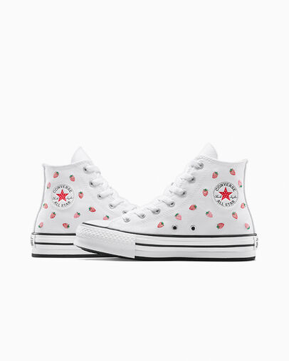 Chuck Taylor All Star EVA Lift Platform Embroidered Strawberries White/Soft Red/Watermelon Pink, Detail Angle View