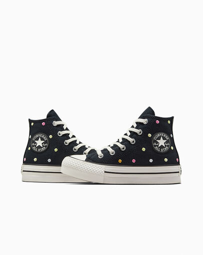 Chuck Taylor All Star Lift Embroidered Polka Dots Platform Black/Vintage White/Egret, Detail Angle View