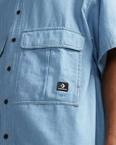 Twill Denim Chambray Short Sleeve Shirt Light Retro Blue, Detail View