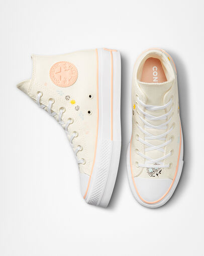 Chuck Taylor All Star Lift Platform Summer Florals Egret/Cheeky Coral/White, Top and Side View