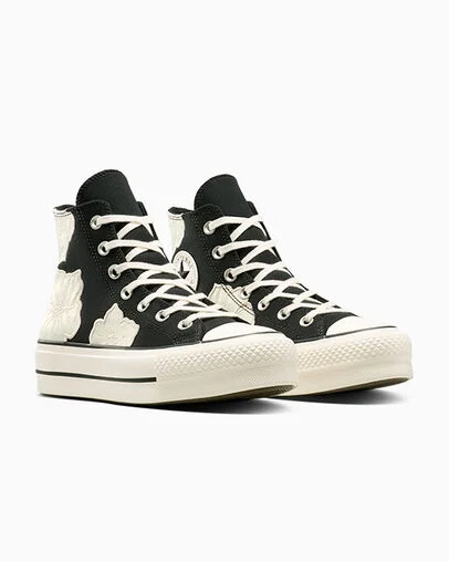 Chuck Taylor All Star Lift Platform Embroidered Satin Flowers Black/Egret/Light Dune, Top and Side View