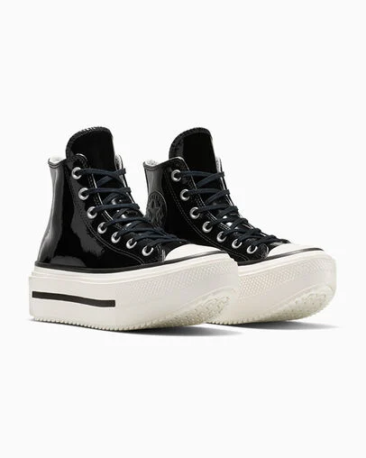 Chuck Taylor All Star Lift Double Stack Platform Patent Leather Black/Egret/Black, Top and Side View
