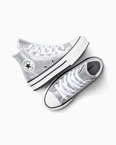 Chuck Taylor All Star Lift Platform Disco Glitter Silver/White/Barely Grey, Angled View